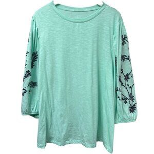St Johns Bay Mint Green Top Plus Size 2X Embroidered Puff Sleeve Tunic Tee